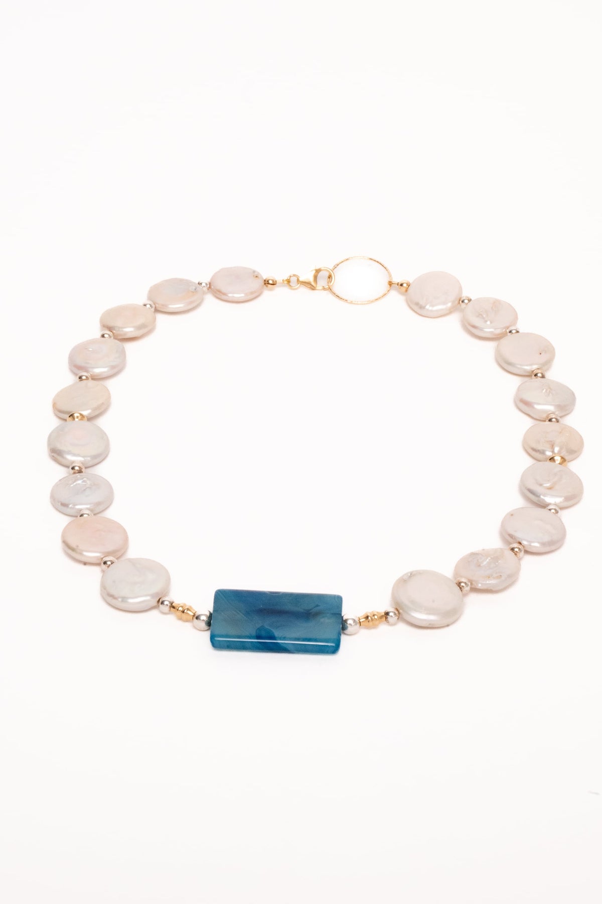 Handgemaakte ketting agaat blauw met coin parels